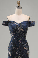 Load image into Gallery viewer, Sparkly Navy Long Floral Mermaid Lace Evening Dress