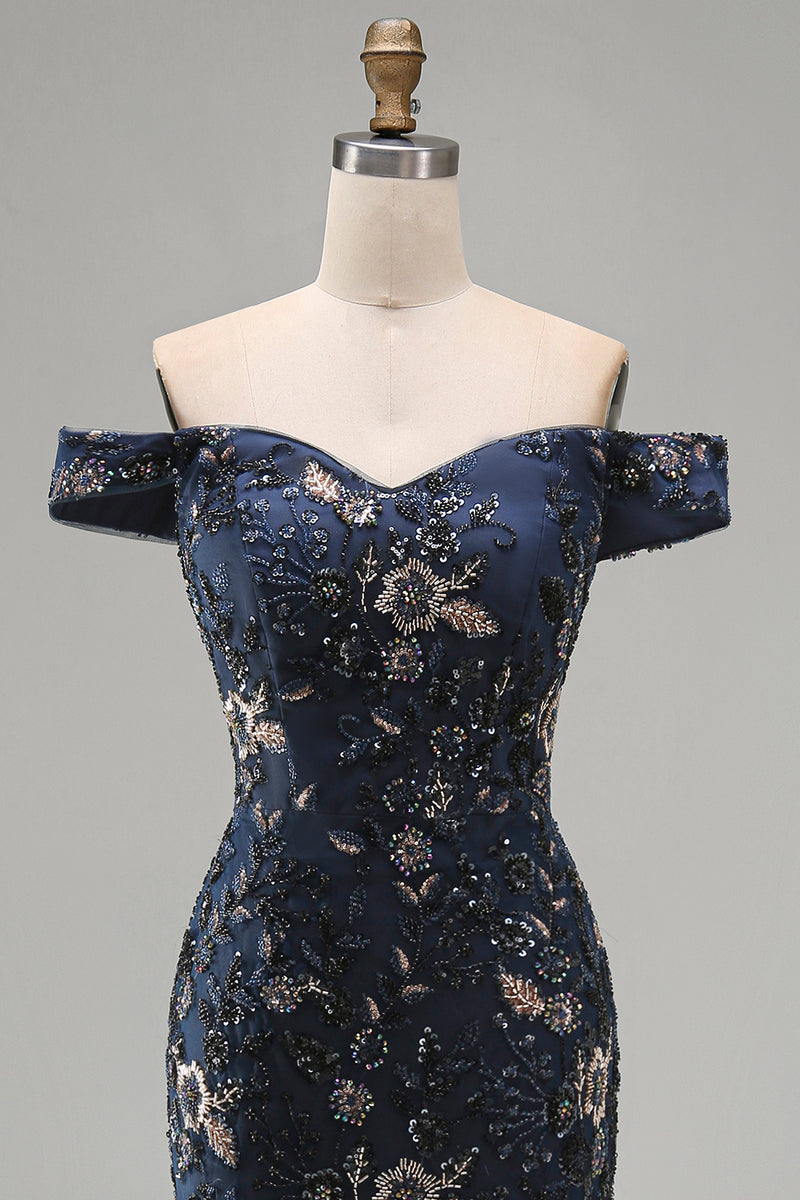 Load image into Gallery viewer, Sparkly Navy Long Floral Mermaid Lace Evening Dress