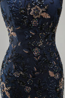 Load image into Gallery viewer, Sparkly Navy Long Floral Mermaid Lace Evening Dress