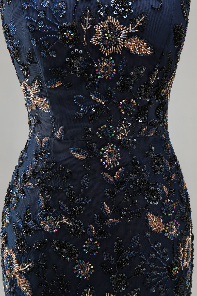 Load image into Gallery viewer, Sparkly Navy Long Floral Mermaid Lace Evening Dress