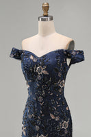 Load image into Gallery viewer, Sparkly Navy Long Floral Mermaid Lace Evening Dress