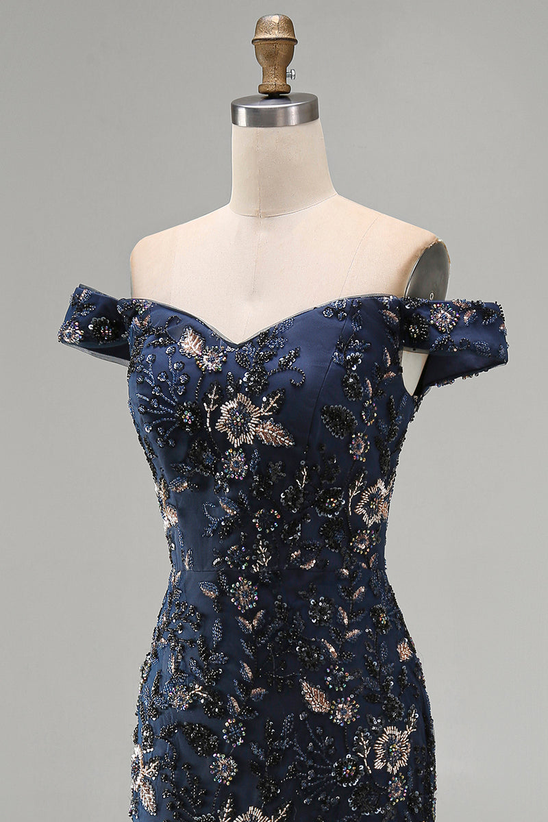 Load image into Gallery viewer, Sparkly Navy Long Floral Mermaid Lace Evening Dress