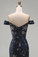 Load image into Gallery viewer, Sparkly Navy Long Floral Mermaid Lace Evening Dress