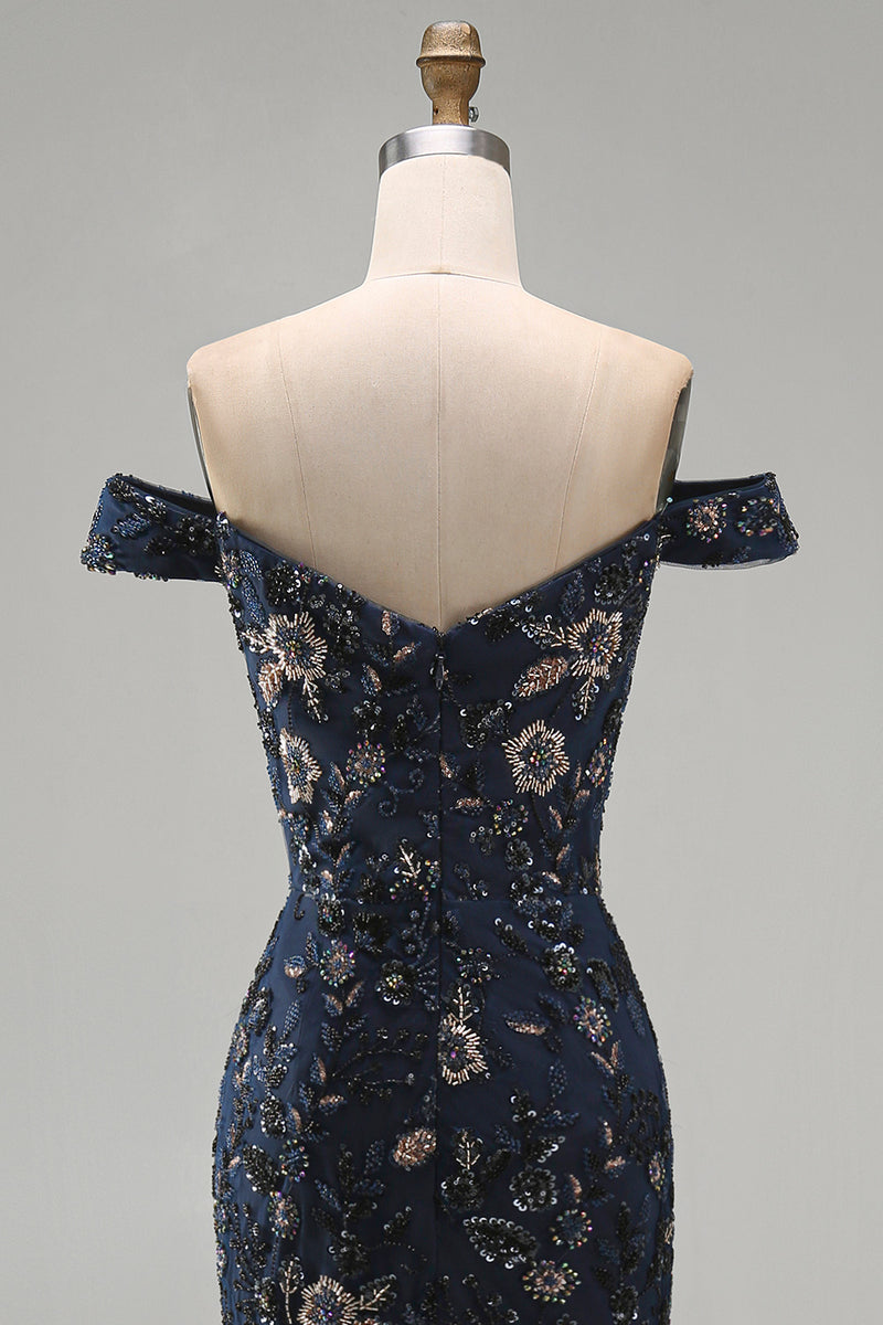 Load image into Gallery viewer, Sparkly Navy Long Floral Mermaid Lace Evening Dress