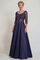 Load image into Gallery viewer, Sparkly Navy A Line Scoop Neck Long Evening Dress with Lace