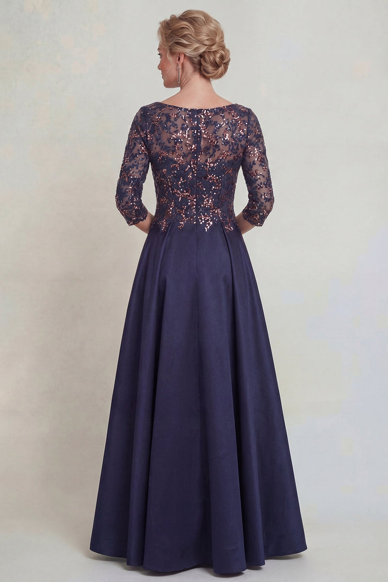 Load image into Gallery viewer, Sparkly Navy A Line Scoop Neck Long Evening Dress with Lace