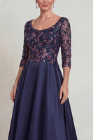 Load image into Gallery viewer, Sparkly Navy A Line Scoop Neck Long Evening Dress with Lace