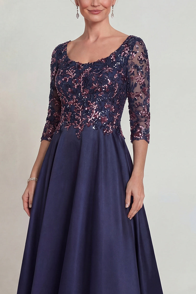 Load image into Gallery viewer, Sparkly Navy A Line Scoop Neck Long Evening Dress with Lace