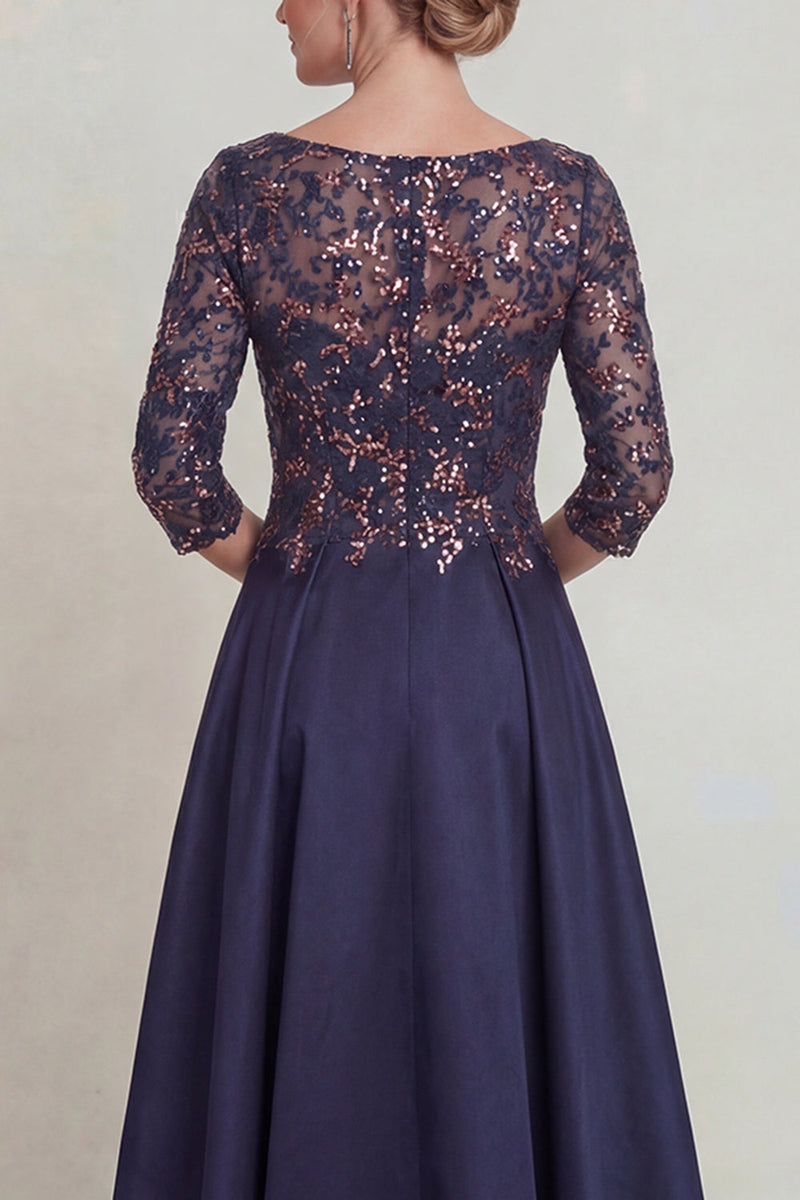 Load image into Gallery viewer, Sparkly Navy A Line Scoop Neck Long Evening Dress with Lace