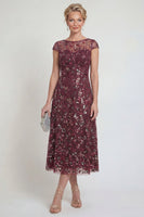 Load image into Gallery viewer, Sparkly Burgundy A Line Midi Boat Neck Floral Evening Dress