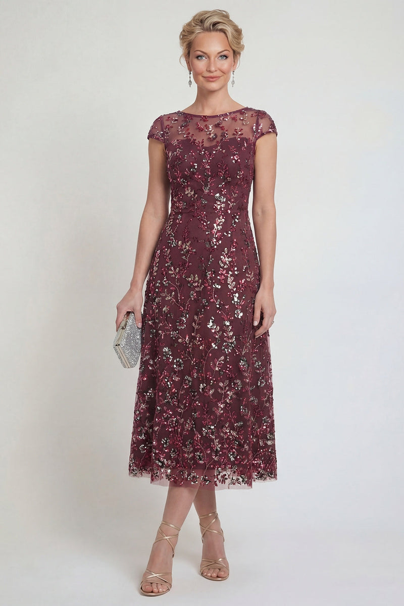 Load image into Gallery viewer, Sparkly Burgundy A Line Midi Boat Neck Floral Evening Dress