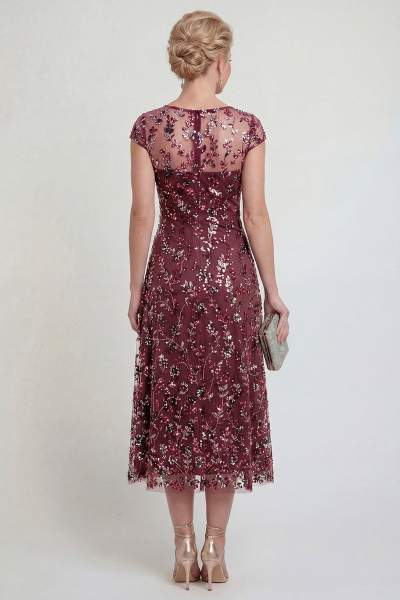 Load image into Gallery viewer, Sparkly Burgundy A Line Midi Boat Neck Floral Evening Dress