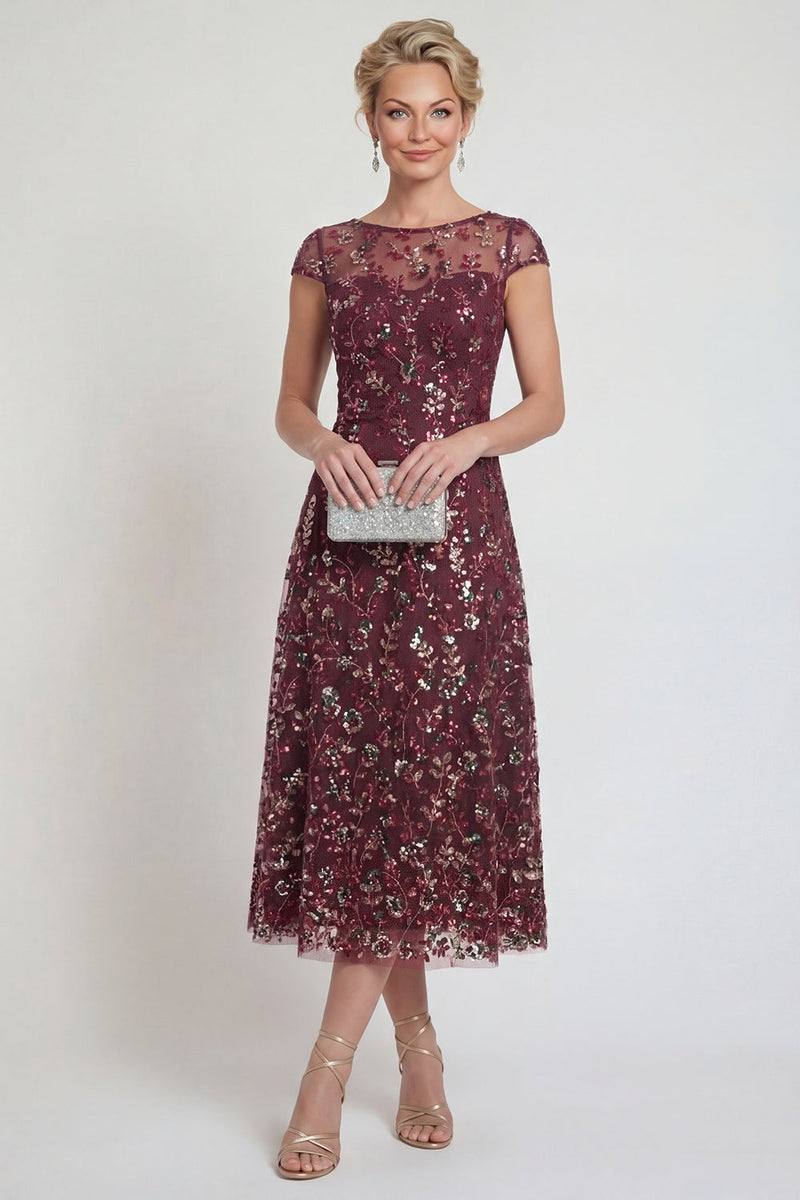 Load image into Gallery viewer, Sparkly Burgundy A Line Midi Boat Neck Floral Evening Dress