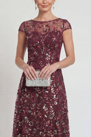 Load image into Gallery viewer, Sparkly Burgundy A Line Midi Boat Neck Floral Evening Dress