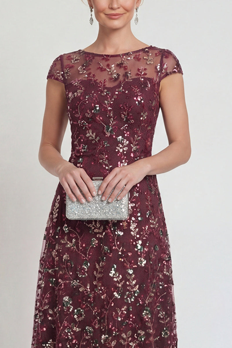 Load image into Gallery viewer, Sparkly Burgundy A Line Midi Boat Neck Floral Evening Dress