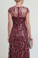 Load image into Gallery viewer, Sparkly Burgundy A Line Midi Boat Neck Floral Evening Dress
