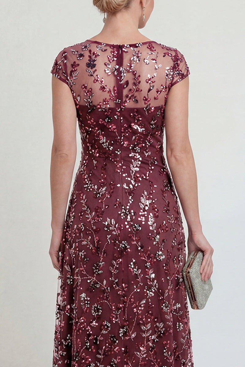 Load image into Gallery viewer, Sparkly Burgundy A Line Midi Boat Neck Floral Evening Dress