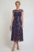 Load image into Gallery viewer, Sparkly Navy A Line Midi Boat Neck Floral Evening Dress