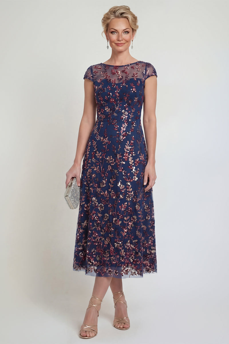 Load image into Gallery viewer, Sparkly Navy A Line Midi Boat Neck Floral Evening Dress