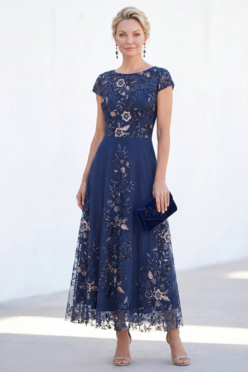 Load image into Gallery viewer, Sparkly Navy A Line Midi Boat Neck Floral Evening Dress