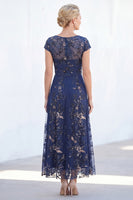 Load image into Gallery viewer, Sparkly Navy A Line Midi Boat Neck Floral Evening Dress
