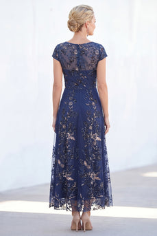 Sparkly Navy A Line Midi Boat Neck Floral Evening Dress