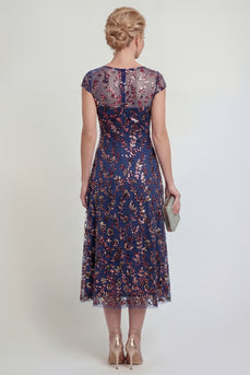 Sparkly Navy A Line Midi Boat Neck Floral Evening Dress
