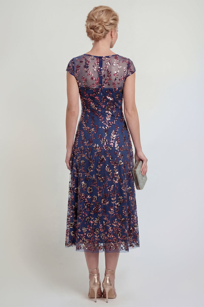 Load image into Gallery viewer, Sparkly Navy A Line Midi Boat Neck Floral Evening Dress