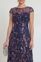 Load image into Gallery viewer, Sparkly Navy A Line Midi Boat Neck Floral Evening Dress