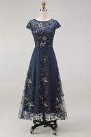Load image into Gallery viewer, Sparkly Navy A Line Midi Boat Neck Floral Evening Dress