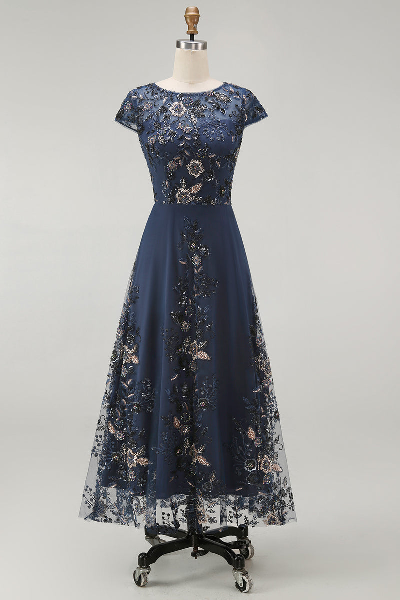 Load image into Gallery viewer, Sparkly Navy A Line Midi Boat Neck Floral Evening Dress