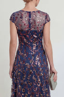 Load image into Gallery viewer, Sparkly Navy A Line Midi Boat Neck Floral Evening Dress