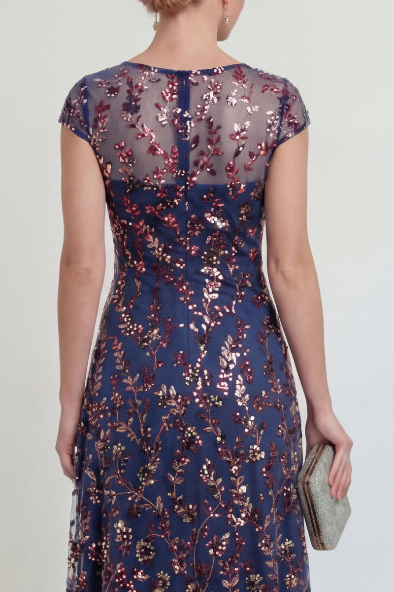 Load image into Gallery viewer, Sparkly Navy A Line Midi Boat Neck Floral Evening Dress