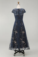 Load image into Gallery viewer, Sparkly Navy A Line Midi Boat Neck Floral Evening Dress