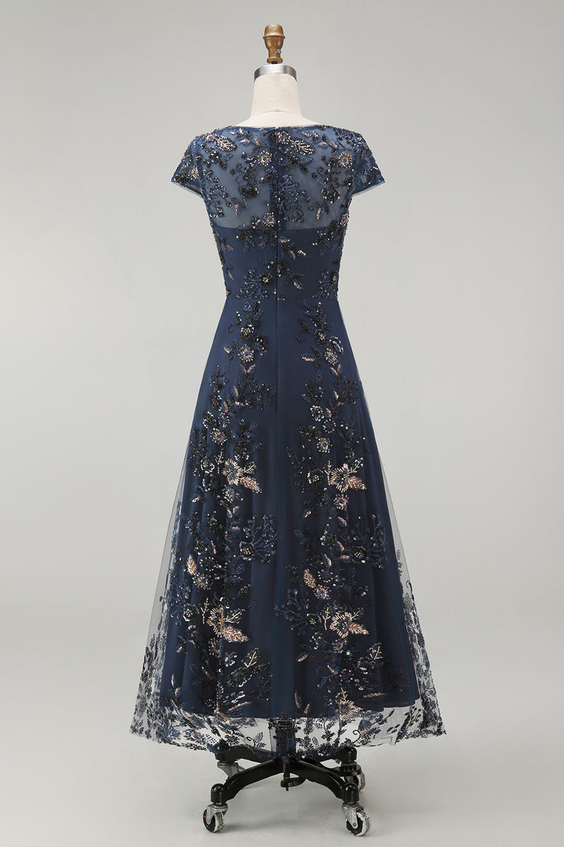 Load image into Gallery viewer, Sparkly Navy A Line Midi Boat Neck Floral Evening Dress