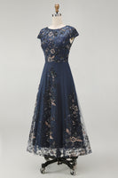 Load image into Gallery viewer, Sparkly Navy A Line Midi Boat Neck Floral Evening Dress