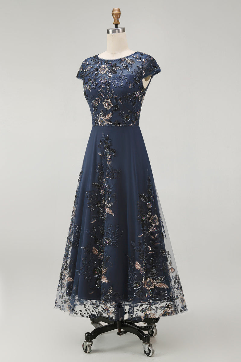 Load image into Gallery viewer, Sparkly Navy A Line Midi Boat Neck Floral Evening Dress