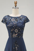 Load image into Gallery viewer, Sparkly Navy A Line Midi Boat Neck Floral Evening Dress