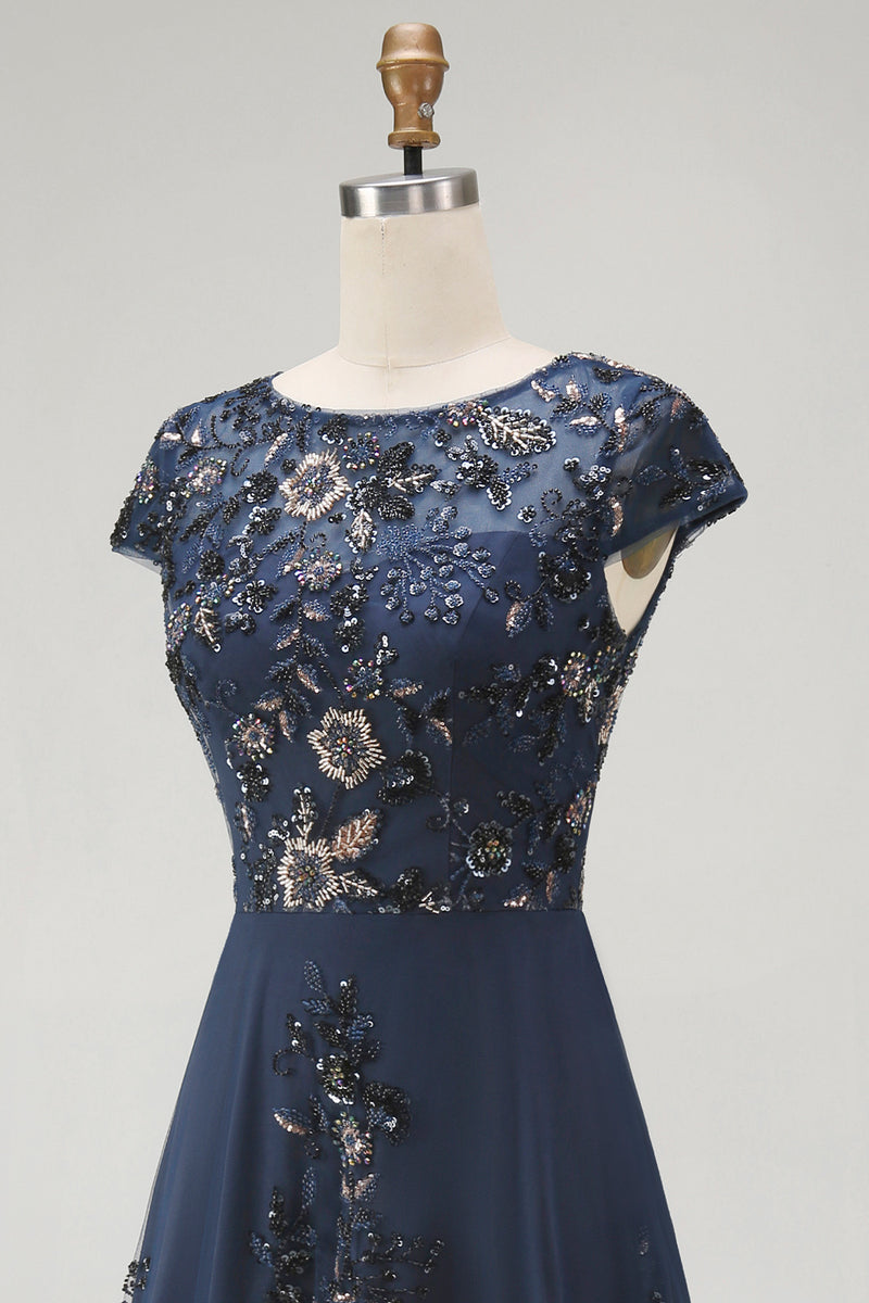 Load image into Gallery viewer, Sparkly Navy A Line Midi Boat Neck Floral Evening Dress