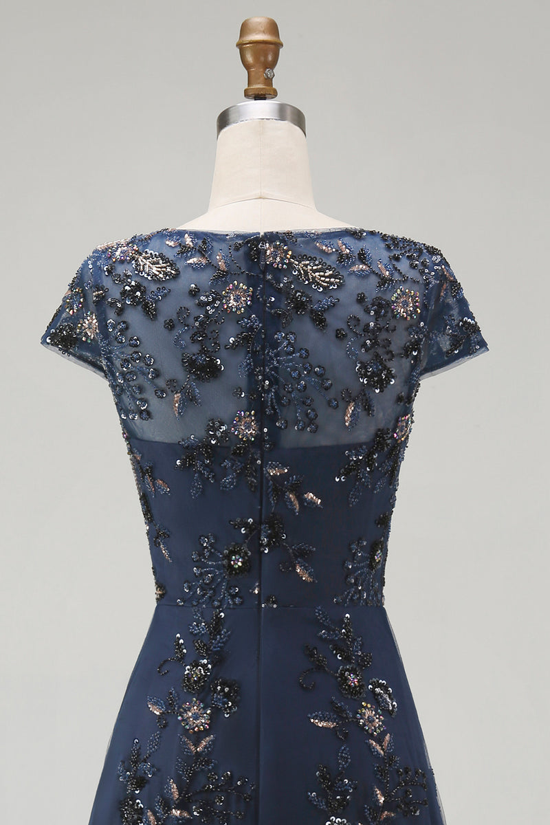 Load image into Gallery viewer, Sparkly Navy A Line Midi Boat Neck Floral Evening Dress
