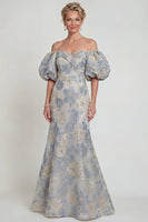 Load image into Gallery viewer, Dusty Blue Floral Long Mermaid Off the Shoulder Evening Dress