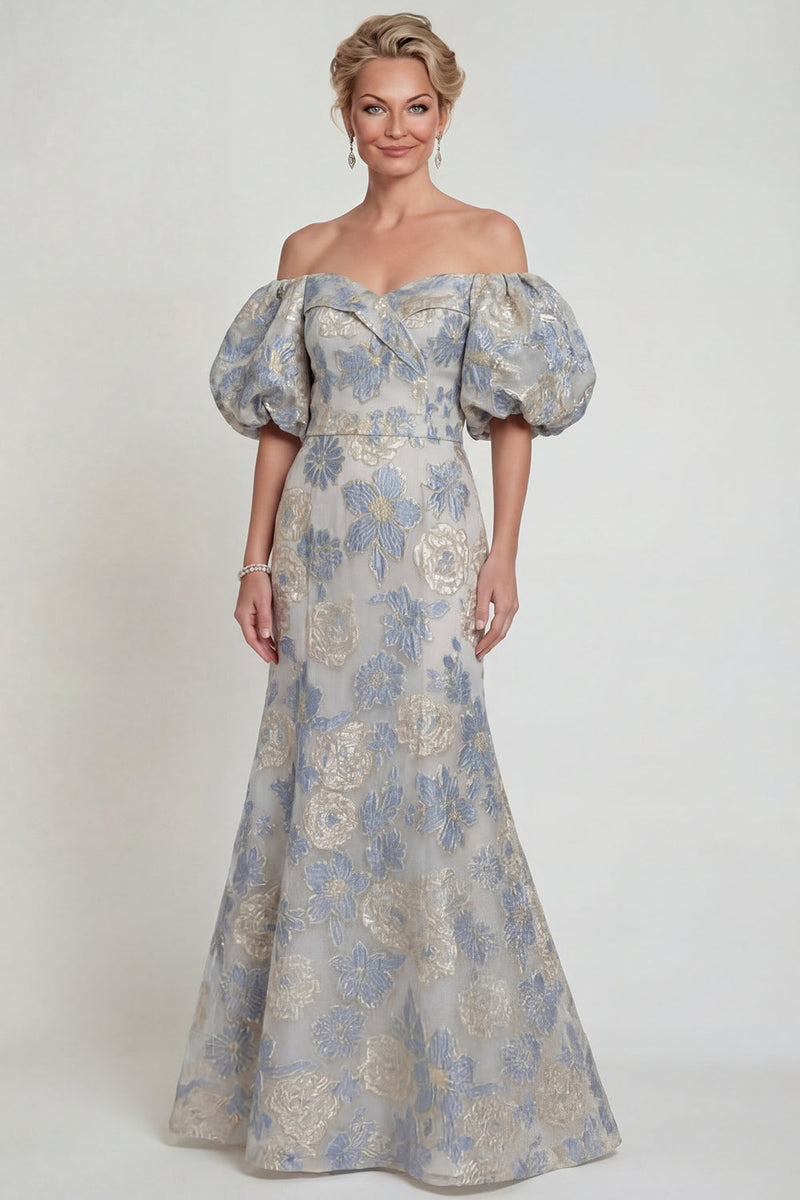 Load image into Gallery viewer, Dusty Blue Floral Long Mermaid Off the Shoulder Evening Dress