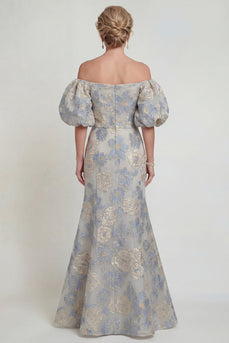 Dusty Blue Floral Long Mermaid Off the Shoulder Evening Dress