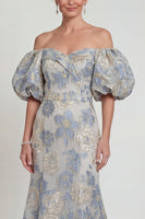 Load image into Gallery viewer, Dusty Blue Floral Long Mermaid Off the Shoulder Evening Dress
