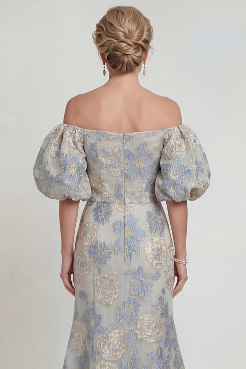 Load image into Gallery viewer, Dusty Blue Floral Long Mermaid Off the Shoulder Evening Dress