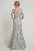 Load image into Gallery viewer, Dusty Blue Cap Sleeves Mermaid Long Floral Evening Dress