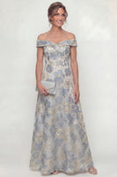 Load image into Gallery viewer, Dusty Blue Floral Off the Shoulder A Line Long Evening Dress