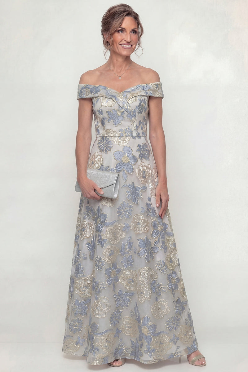 Load image into Gallery viewer, Dusty Blue Floral Off the Shoulder A Line Long Evening Dress