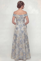Load image into Gallery viewer, Dusty Blue Floral Off the Shoulder A Line Long Evening Dress