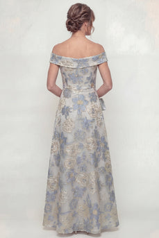 Dusty Blue Floral Off the Shoulder A Line Long Evening Dress